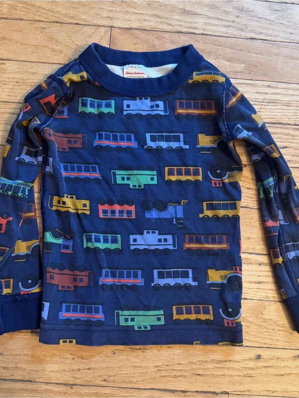 Hanna Andersson Navy Train Print Pajama Set Long sleeve Pants 100cm 4